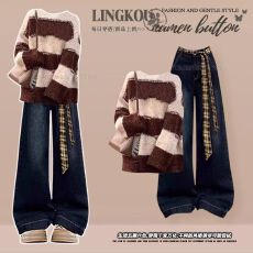 批发大码秋季轻熟风<b class='q'>套装</b>女减龄气质条纹针织毛衣高腰复古<b class='q'>牛仔</b>裤两件套