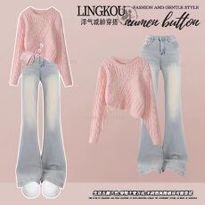 批发大码秋季<b class='q'>甜美</b>套装女减龄洋气针织衫毛衣显瘦微喇紧身牛仔裤两件套