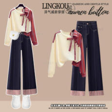 批发大码秋季休闲<b class='q'>套装</b>女轻熟风撞色拼接上衣减龄显瘦遮肉<b class='q'>牛仔</b>裤两件套