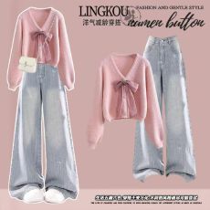 批发大码秋季高级感套装女法式蝴蝶结针织上衣搭减龄微喇牛仔裤两件套