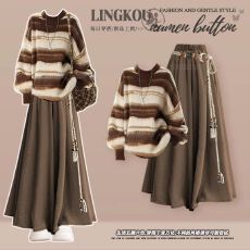 批发<b class='q'>大码</b>秋季复古套装女减龄美拉德条纹针织毛衣搭显瘦休闲<b class='q'>裙裤</b>两件套