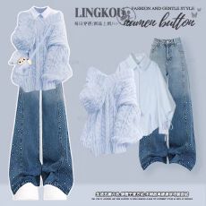 批发大码秋季温柔风<b class='q'>套装</b>女绝美气质针织毛衣打底衫搭渐变<b class='q'>牛仔</b>裤三件套