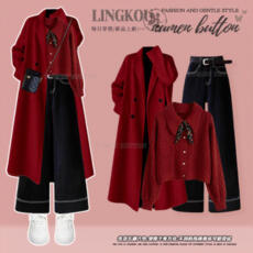 批发大码秋季轻熟风套装女高级感红色外套针织毛衣搭直筒牛仔裤三件套