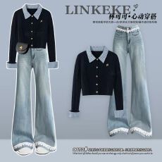 批发2025秋季新款<b class='q'>套装</b>女学院风假两件针织上衣女高腰微喇<b class='q'>牛仔</b>裤两件套