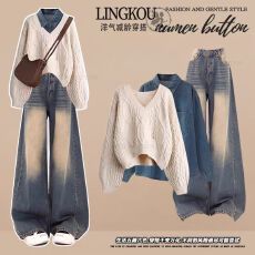 批发大码秋季休闲<b class='q'>套装</b>女高级感破洞针织毛衣打底衬衫复古<b class='q'>牛仔</b>裤三件套