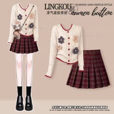 批发大码秋季韩系套装女<b class='q'>甜美</b>风减龄显瘦针织开衫搭格子百褶短裙两件套