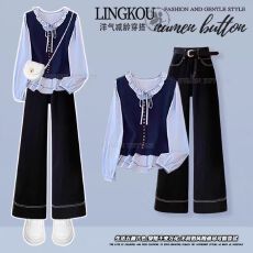 批发秋冬季巨好看娃娃领针织衫<b class='q'>套装</b>女撞色假两件上衣高腰<b class='q'>牛仔</b>裤两件套