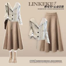 批发秋冬季慵懒风套装女翻领软糯针织毛衣搭简约百搭黑色半身裙两件套