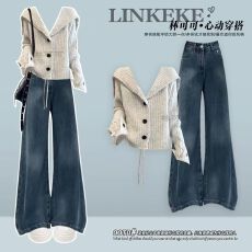 批发秋冬季韩系气质<b class='q'>套装</b>女软糯针织毛衣开衫百搭高腰阔腿<b class='q'>牛仔</b>裤两件套