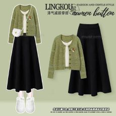 批发秋季套装女2025新款假两件减龄针织开衫搭配高腰显瘦半身裙两件套