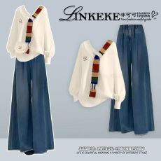 批发秋季一整套轻熟风穿搭气质百搭针织毛衣搭配宽松阔腿牛仔裤两件套