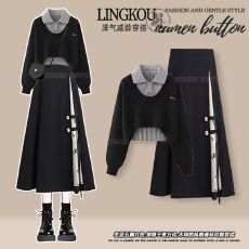 批发<b class='q'>大码</b>秋季休闲套装女超漂亮减龄毛衣打底衫搭配新中式半身裙三件套