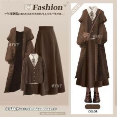 冬季气质复古穿搭高级感针织开衫外套假两件毛衣显瘦半身裙三件套