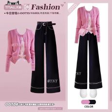 批发巨好看的一整套穿搭女韩系假两件针织开衫女时尚高腰<b class='q'>牛仔</b>裤<b class='q'>套装</b>冬