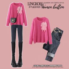 批发<b class='q'>大码</b>秋冬套装女慵懒风温柔高级针织毛衣显瘦遮肉高腰<b class='q'>铅笔裤</b>两件套