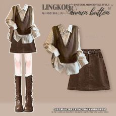 批发<b class='q'>大码</b>秋季美式套装女撞色针织马甲打底衫搭小众复古遮肉短裙三件套