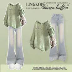 批发大码秋季洋气<b class='q'>套装</b>女小清新减龄针织上衣百搭显瘦微喇<b class='q'>牛仔</b>裤两件套