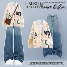 批发大码秋季高级感套装女减龄宽松字母针织外套渐变<b class='q'>牛仔</b>裤衬衫三件套