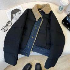 批发2025冬季新款高端时尚<b class='q'>牛仔</b>拼接黑色短款棉服女设计感小众<b class='q'>外套女</b>装