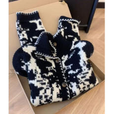 批发复古提花针织开衫女秋冬2025新款设计感纽扣<b class='q'>毛衣</b>外套黑白撞色上衣