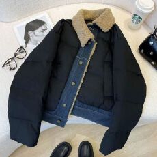 批发2025冬季新款高端时尚<b class='q'>牛仔</b>拼接黑色短款棉服女设计感小众外套<b class='q'>女装</b>