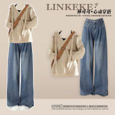 批发学院风新款2025年秋冬季休闲慵懒风卫衣搭配高腰显瘦<b class='q'>牛仔</b>裤两件套