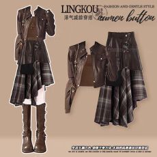 批发大码秋季美拉德套装女减龄<b class='q'>皮衣</b>外套吊带搭不规则格子半身裙三件套