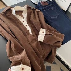 批发咖色翻领灯芯绒中长款假两件条纹拼接衬衫<b class='q'>女士</b>设计感小众宽松上衣