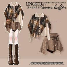 批发<b class='q'>大码</b>秋季复古套装女减龄假两件针织毛衣搭配不规则显瘦短裙两件套