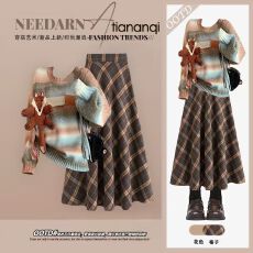 批发<b class='q'>大码</b>秋季设计感套装女复古法式晕染针织毛衣高腰格子半身裙两件套