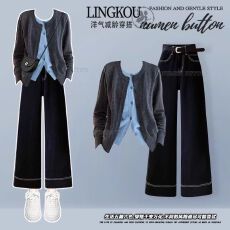 批发韩系早秋穿搭套装气质撞色圆领假两件针织开衫女搭高腰直筒牛仔裤