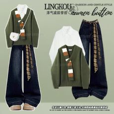 批发<b class='q'>大码</b>秋季学院风套装女小清新针织上衣打底衬衫搭复古牛仔裤三件套