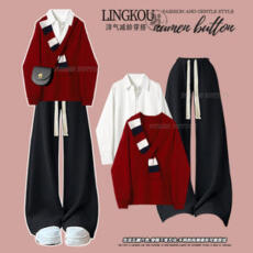 批发<b class='q'>大码</b>秋冬职业衬衫红色圣诞<b class='q'>针织衫</b>毛衣显瘦高腰阔腿裤套装女三件套