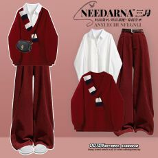 批发<b class='q'>大码</b>女秋冬套装洋气减龄衬衫红色新年圣诞针织毛衣高腰长裤三件套