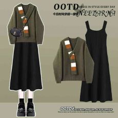 批发秋冬穿搭一整套女装新款高级感长袖毛衣搭配针织<b class='q'>吊带</b>连衣裙两件套