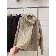 批发韩系慵懒大翻领麻花毛衣外套女<b class='q'>大码</b>秋冬穿搭宽松针织开衫外套上衣