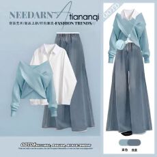 批发秋季<b class='q'>时尚</b>设计感减龄百搭针织毛衣叠穿打底衬衫搭高腰牛仔裤三件套