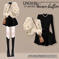 批发<b class='q'>大码</b>秋季法式套装女轻奢短款<b class='q'>针织衫</b>毛衣搭小香风显瘦连衣裙两件套