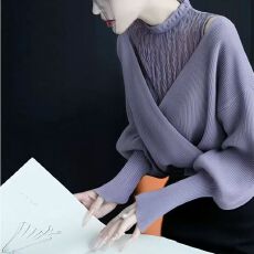 批发财阀千金女装香芋紫假两件拼接<b class='q'>针织衫</b>秋冬新款气质轻熟风套头毛衣