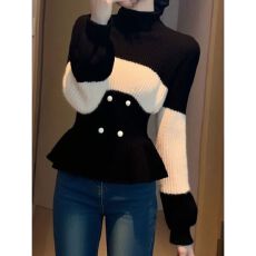 批发小个子温柔黑白撞色半高领荷叶边<b class='q'>针织衫</b>女秋冬款修身显瘦长袖上衣
