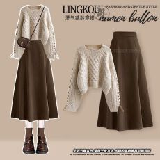 批发<b class='q'>大码</b>秋季韩系套装女轻熟风减龄针织毛衣搭配高腰显瘦半身裙两件套