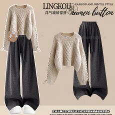 批发大码秋季气质<b class='q'>套装</b>女减龄慵懒风针织毛衣运动显瘦宽松休闲<b class='q'>裤</b>两件套