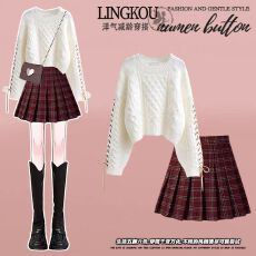 批发<b class='q'>大码</b>秋冬气质套装女减龄毛衣学院风红色格子百褶显瘦半身裙两件套