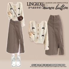 批发<b class='q'>大码</b>秋季洋气套装女韩系减龄显瘦针织开衫搭开叉牛仔半身裙两件套