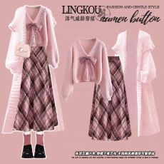 批发<b class='q'>大码</b>秋冬气质套装女蝴蝶结针织衫毛衣外套搭高腰格子半身裙三件套