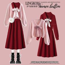 批发<b class='q'>大码</b>秋季气质套装裙女蝴蝶结针织衫毛衣甜美收腰显瘦连衣裙两件套