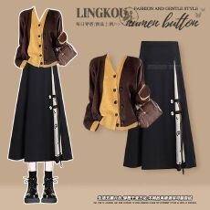 批发<b class='q'>大码</b>秋季法式套装女撞色拼接针织开衫搭配减龄新中式半身裙两件套