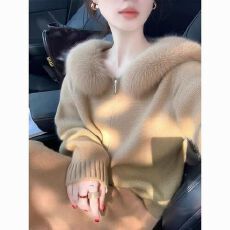 批发韩系时尚毛毛领连帽针织<b class='q'>开衫</b><b class='q'>女</b>秋冬新款大码胖MM宽松显瘦毛衣外套