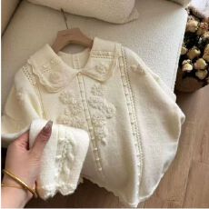 批发小众设计感重工手工花朵刺绣polo领<b class='q'>针织衫</b>软糯温柔风百搭套头毛衣