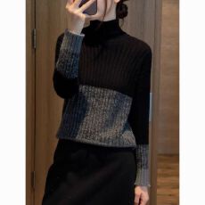 批发高端时尚好看长袖<b class='q'>打底衫</b>撞色宽松显瘦上衣针织衫独特设计感毛衣女